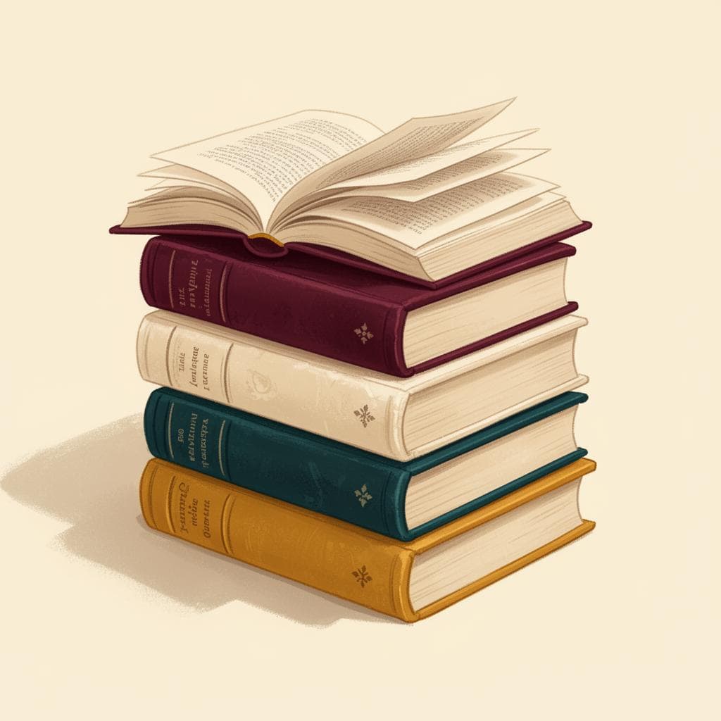 A stack of vintage hardcover novels in burgundy, cream, teal and gold